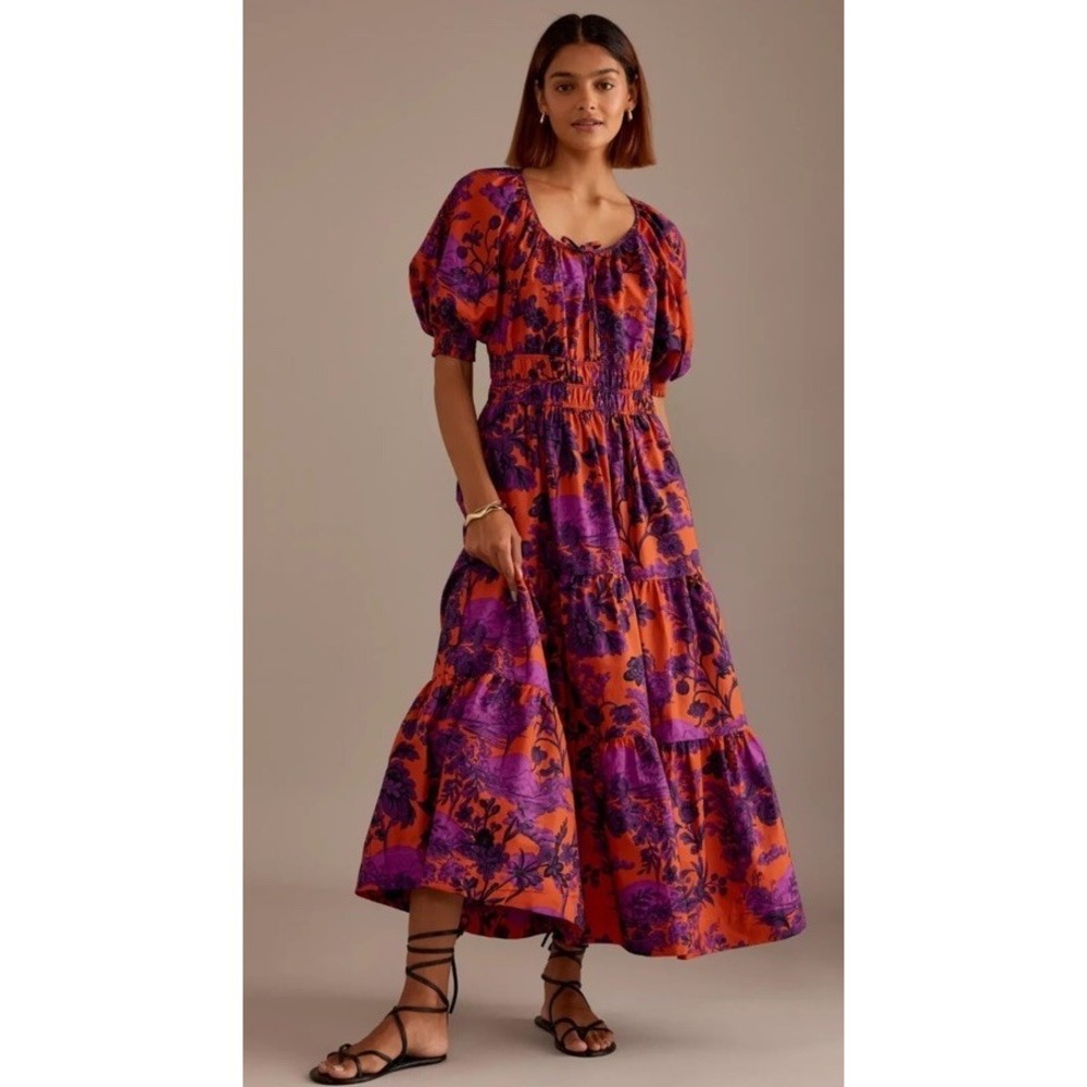 Anthropologie Somerset Maxi Dress Puff Sleeve Floral Purple Orange‎ Sz Small